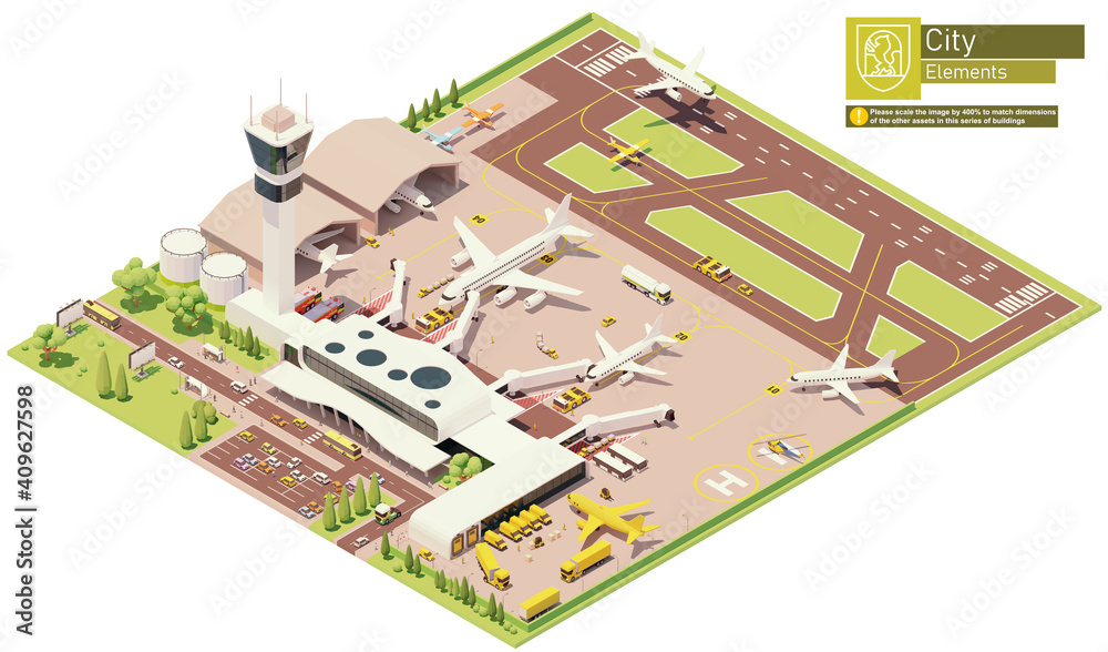 Vector isometric airport terminal infrastructure. Parked airplanes with boarding bridges, postal service aircraft loading, airplane on the runway, aircraft maintenance hangars, airport machinery and w