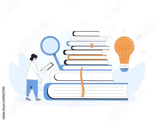 Knowledge. Scientific research. Education and learning. Student with books. Exam preparation. Vector color line art  illustration.