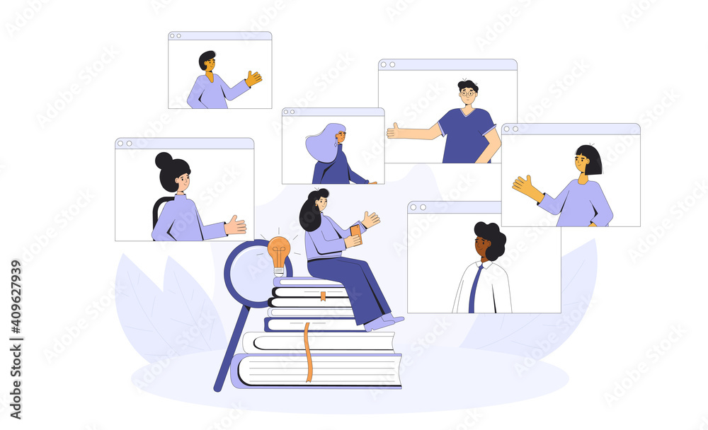 Online education. Digital learning. People talking to each about science. Teacher and students. Internet webinar or online video training. Vector color line art illustration.