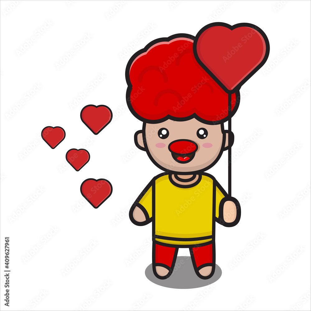 funny mascot clown on april fools day holding love, cute vector illustration character eps 10 on white background