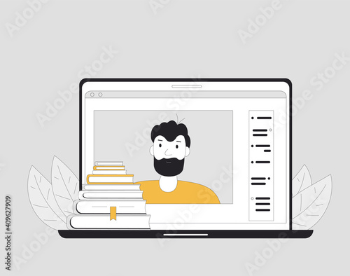 Online education. Digital learning. Teacher gives a lecture on computer screen. Internet webinar or online video training. Vector color line art illustration.
