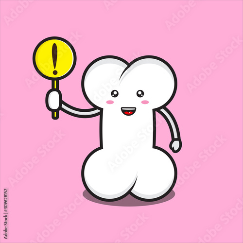 cute bone mascot with caution sign, mascot character, cute bones, vector eps 10 on white background