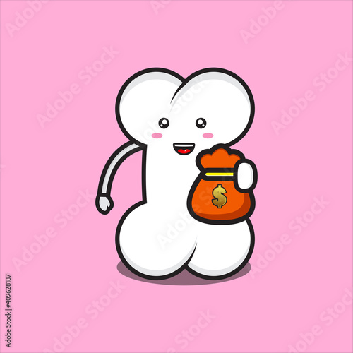 cute bone mascot with money bag, cute bone mascot character vector eps 10 on white background