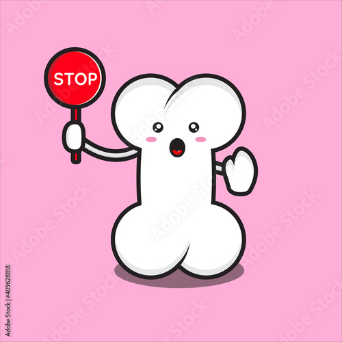 cute bone mascot with stop sign, cute bone mascot character vector eps 10 on white background