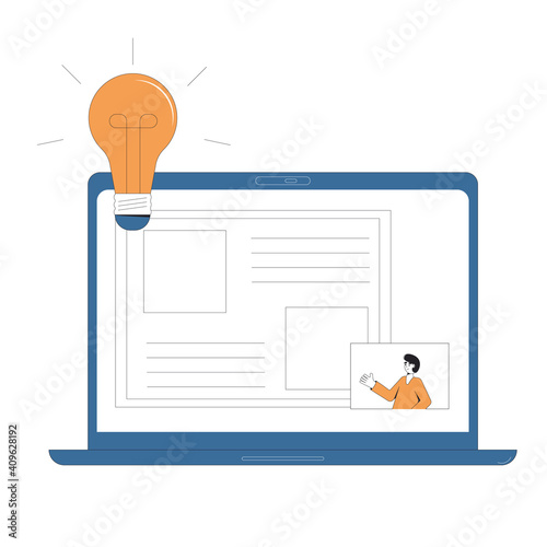 Webinar concept. Online education. Digital lesson. Expert giving report on computer screen. Teacher show a presentation. Video training. Female instructor gives a lecture. Vector illustration.