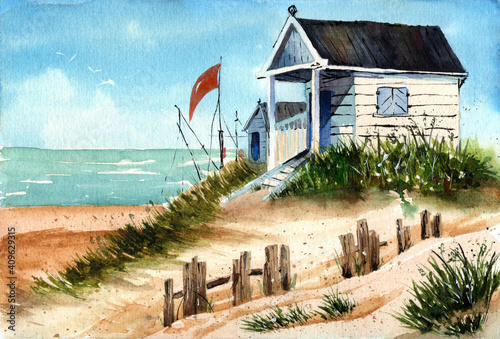 Watercolor illustration of a small bungalow on the shore with old fence and high grass on the shore