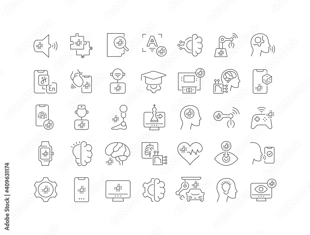 Set of linear icons of Artificial Intelligence