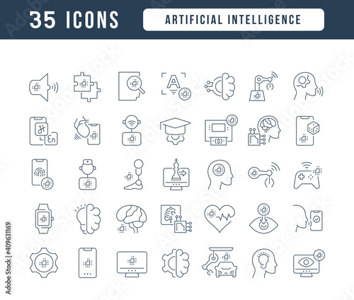 Set of linear icons of Artificial Intelligence