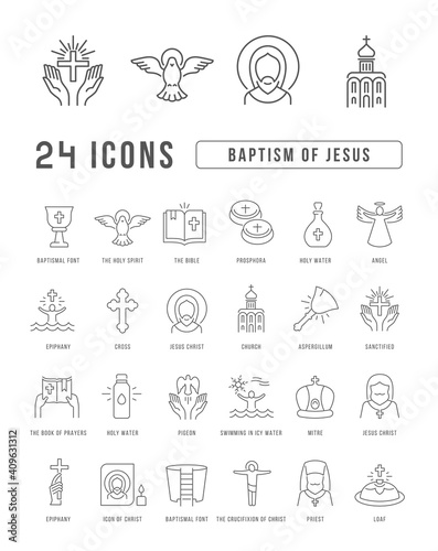 Set of linear icons of Baptism of Jesus