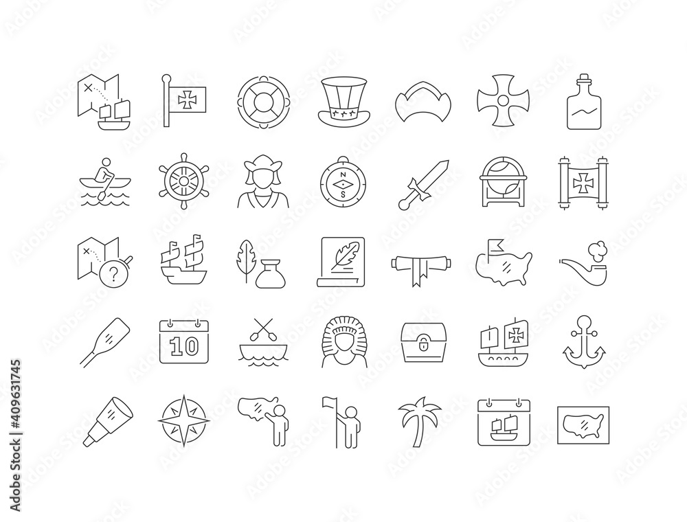 Set of linear icons of Columbus Day