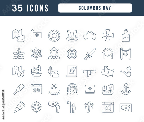 Set of linear icons of Columbus Day