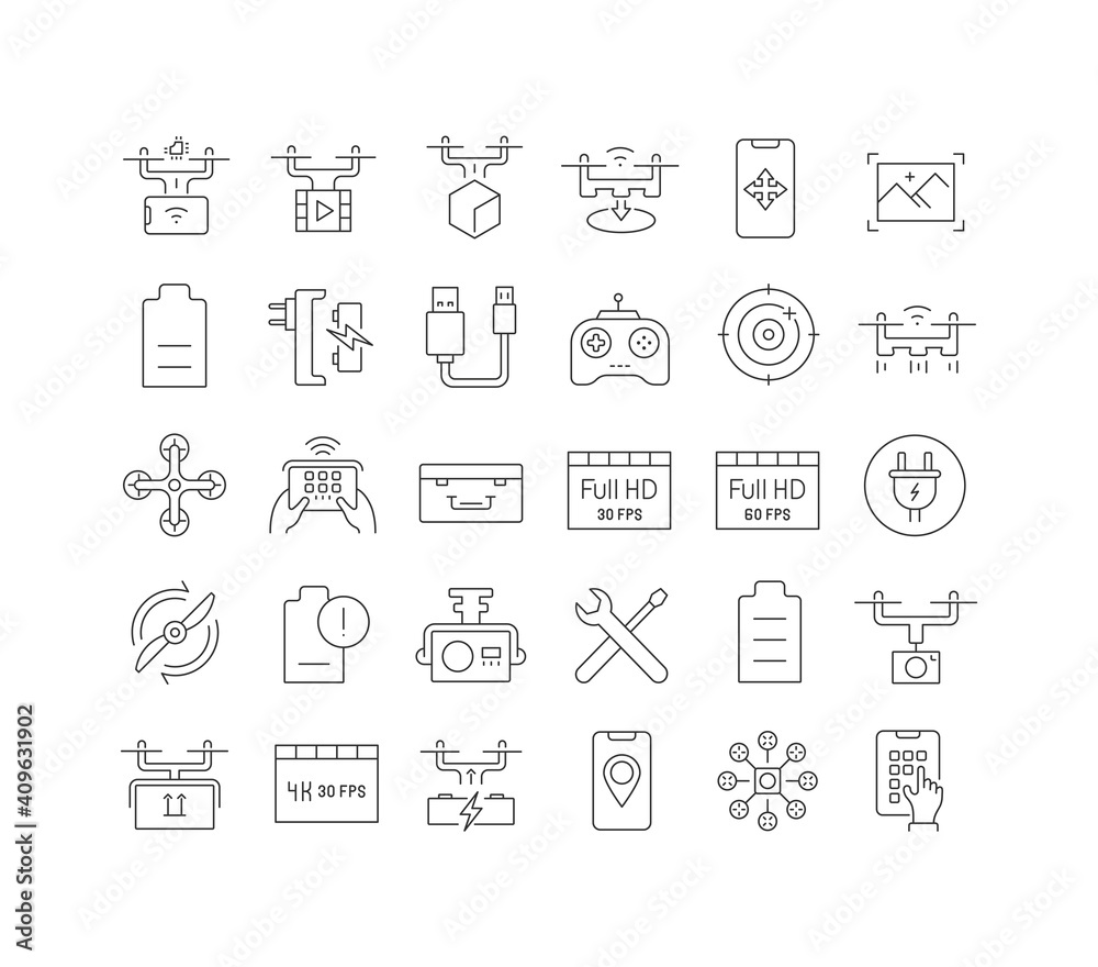 Set of linear icons of Drone Set of linear icons of Drone