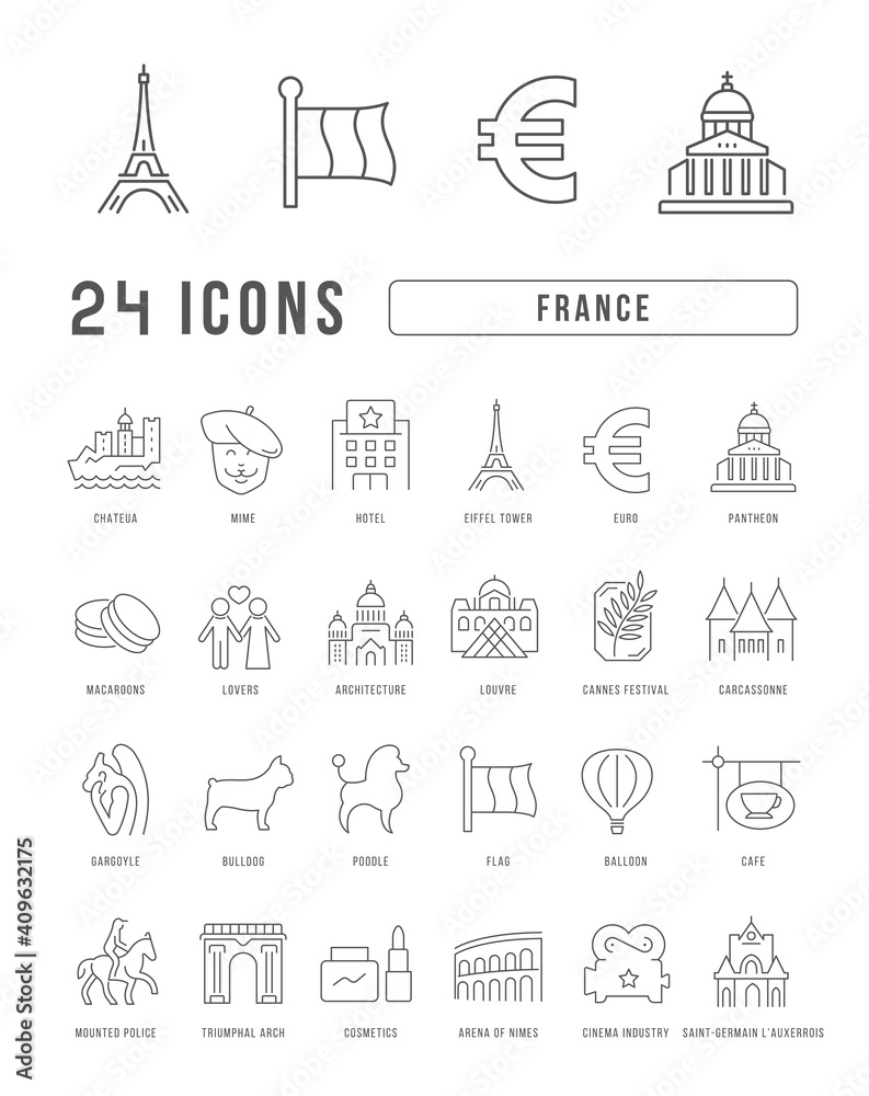Fototapeta premium Set of linear icons of France