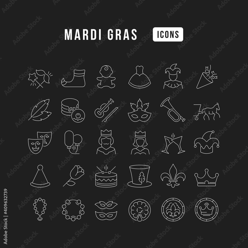 Set of linear icons of Mardi Gras Set of linear icons of Mardi Gras