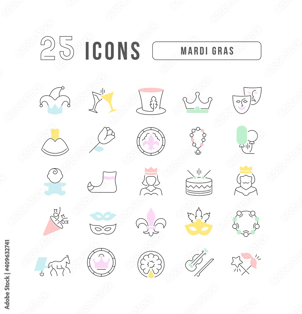 Set of linear icons of Mardi Gras