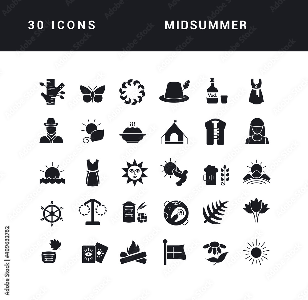 Set of simple icons of Midsummer