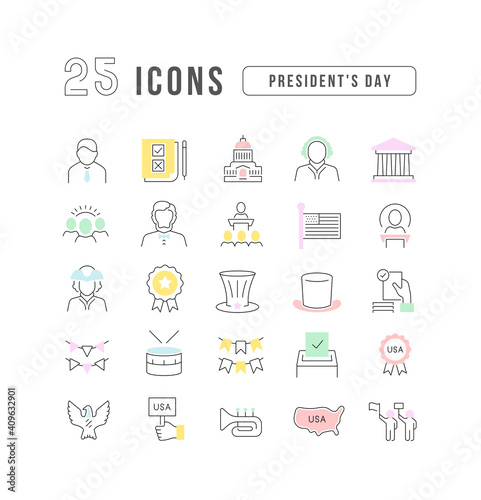 Set of linear icons of Presidents Day