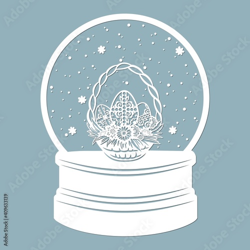 Snow globe, Easter basket with flowers, eggs. Laser cutting. Vector illustration. Template for laser cutting, plotter and screen printing.