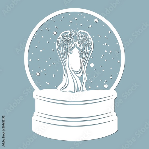 A snow globe, an angel with wings. Laser cutting. Vector illustration. Template for laser cutting, plotter and screen printing.