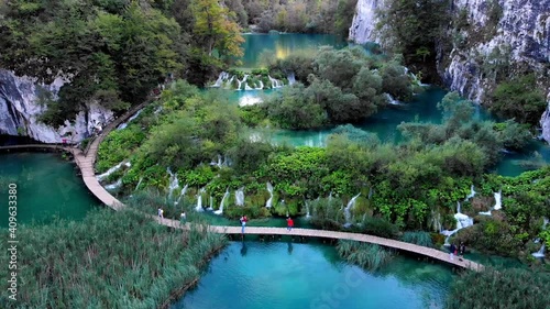 Flight over plitvice lakes. Lake, waterfall. View from the height. Croatia, Plitvice Lakes. photo