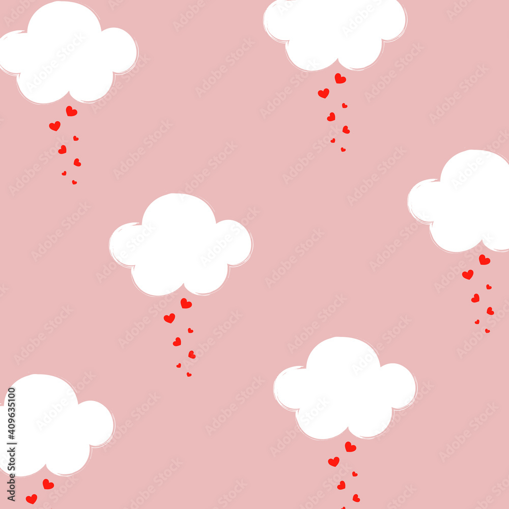 pattern with hearts rain and cute clouds