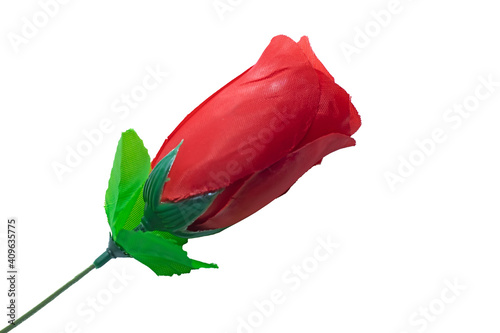 Single beautiful red rose isolated on white background. Plastic red rose
