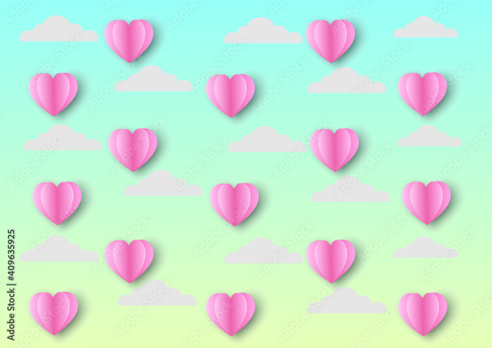 
Pink little paper hearts and clouds floating in the sky