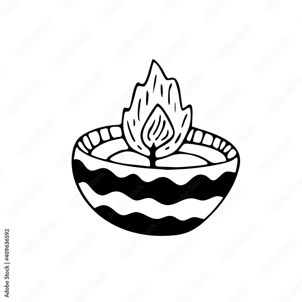 Diwali candle. Oil indian lamp. Doodle icon.