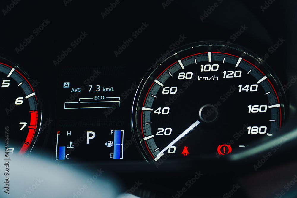 Fototapeta premium Modern car instrument panel dashboard - car speedometer for speed.