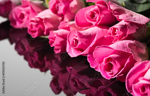 Bouquet of pink roses. Great reflection. Greeting card for Valentine s Day and birthday