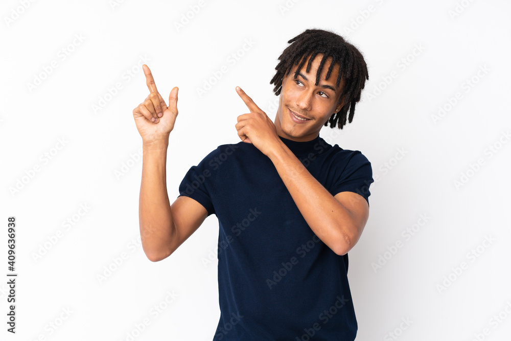 Young african american man isolated on white background pointing with the index finger a great idea Young african american man isolated on white background pointing with the index finger a great idea