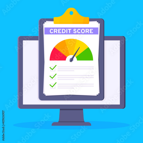 Credit score gauge speedometer indicator with color levels, clipboard and monitor screen. Measurement from poor to excellent rating for credit or mortgage loans flat style design vector illustration.