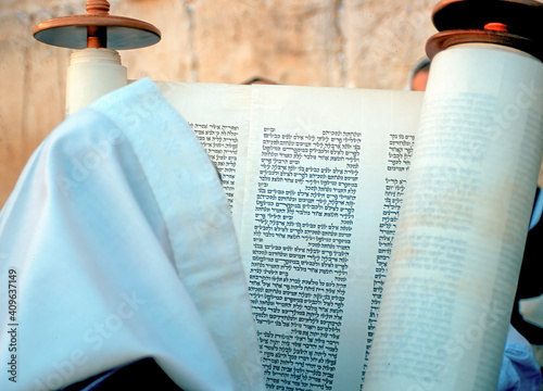 Lifting up the Torah scroll at the Western wall for Jewish holiday of Simchat Torah (Rejoicing with the Torah), following Sukkot (Feast of Tabernacles) 