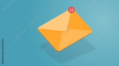 Yellow 3d vector mail icon. Isometric email sending illustration. Mailing letters concept. Notification red symbol