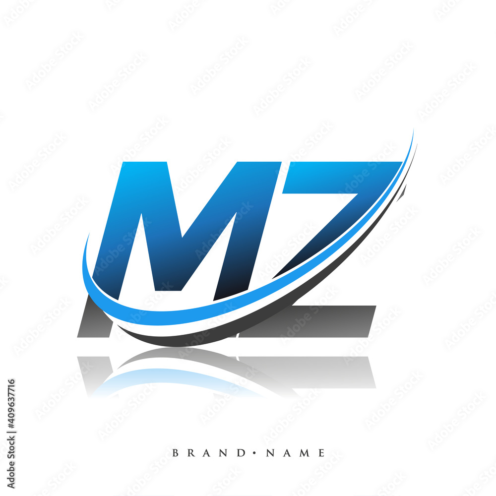 MZ initial logo company name colored blue and black swoosh design ...