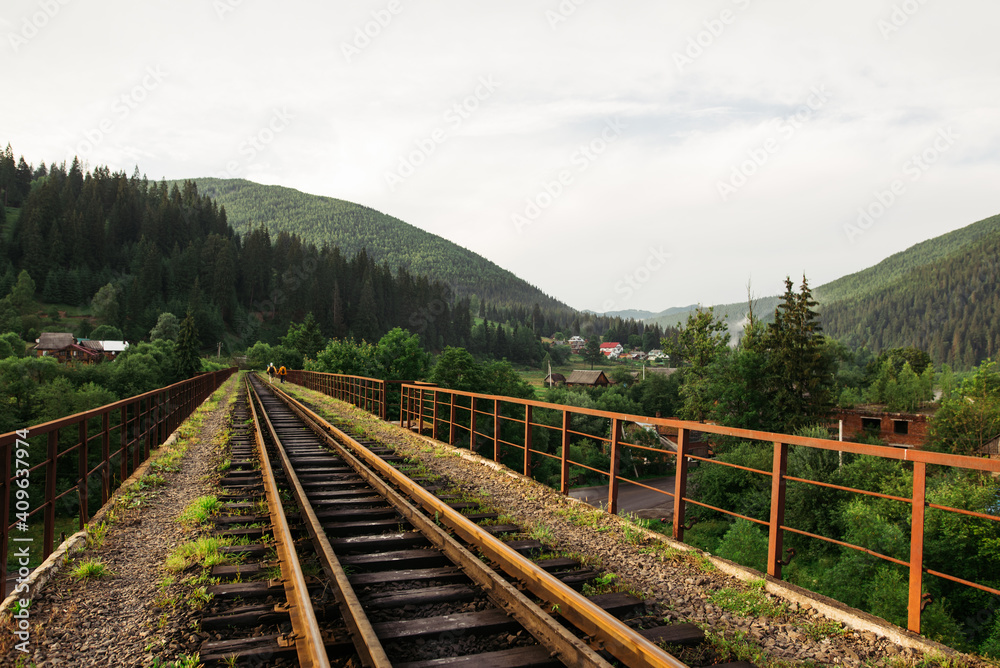 Beautiful metal railway bridge in the mountains. Landscape. Background