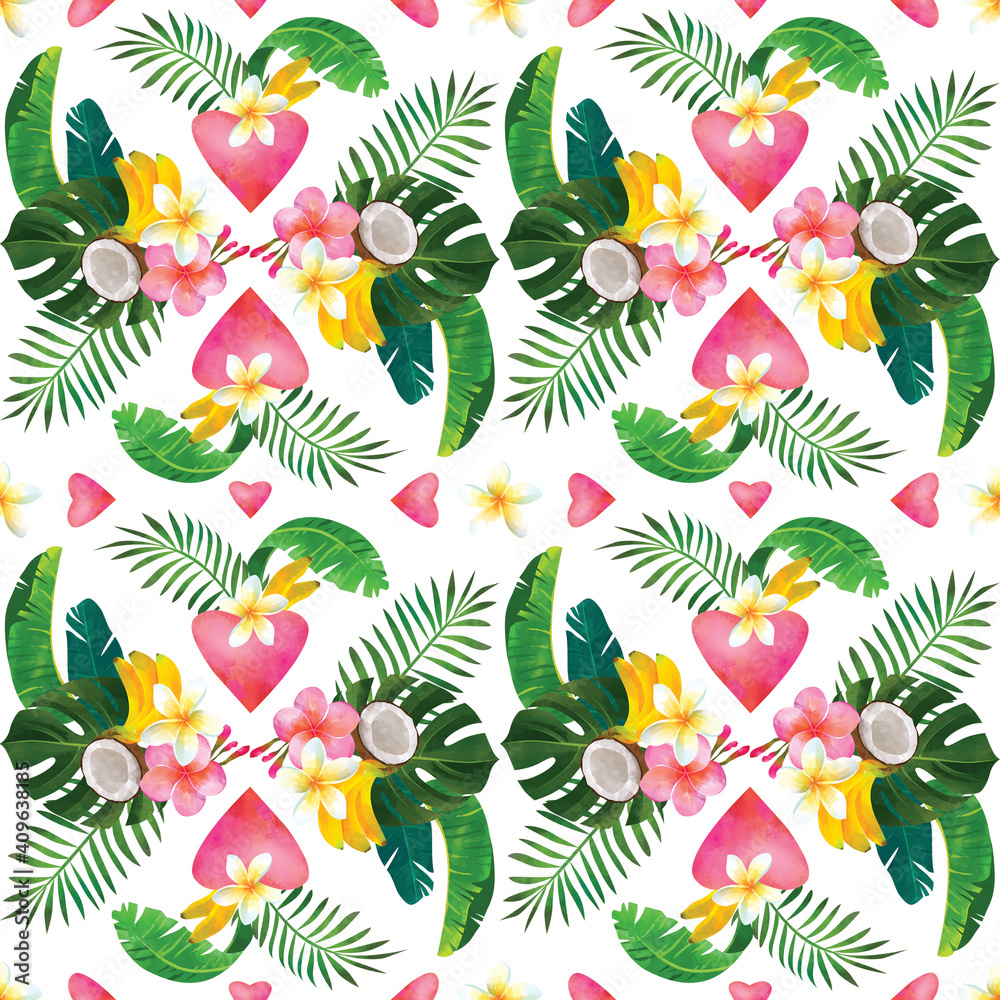 Tropical seamless pattern with bouquet of monstera leaves, hibiscus, plumeria, coconut, banana, heart. Fashionable plant illustration. Summer background. It's perfect for textile and wrapping paper.