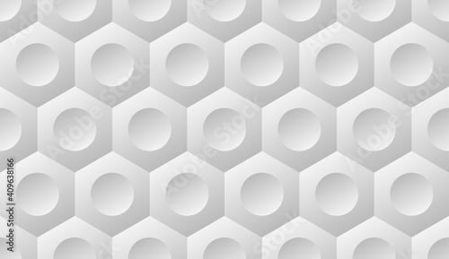 Abstract seamless pattern background. The circle is nested in a hexagon shape. 3D white gradient. Vector illustration.