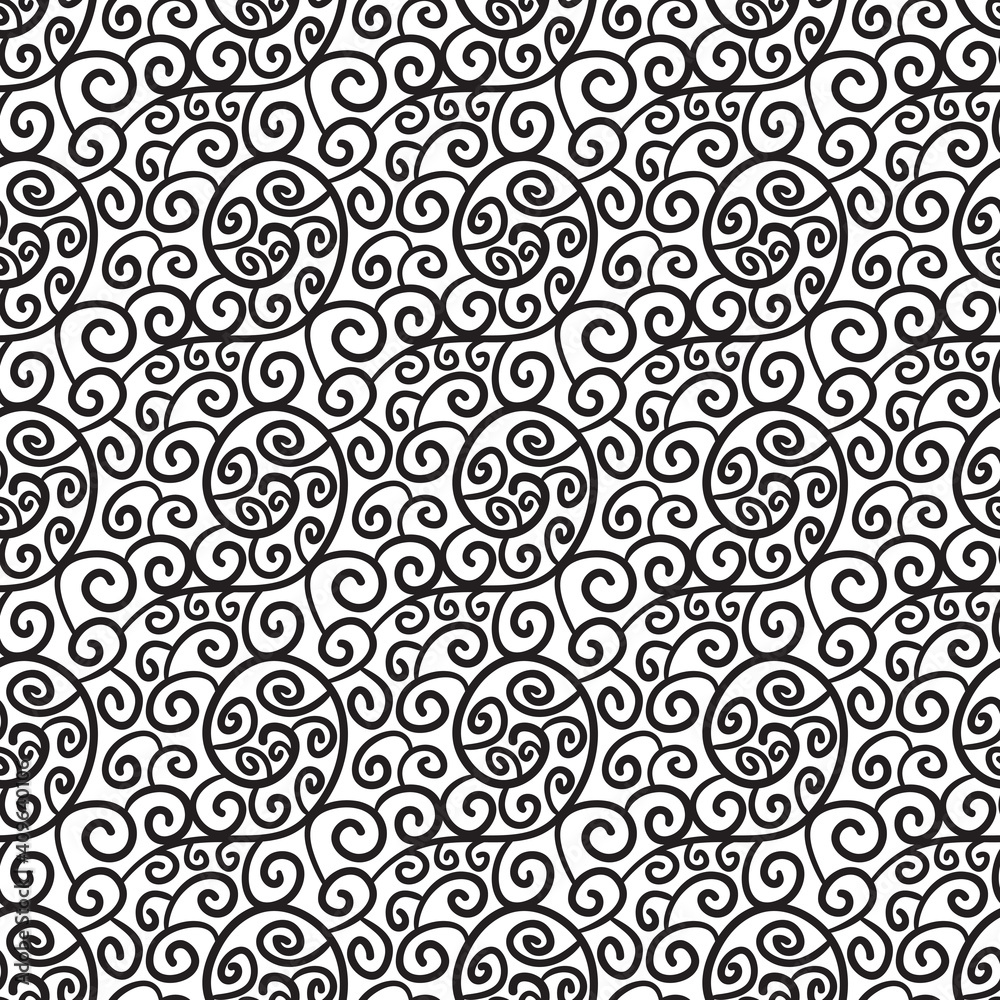 Ornamental spiral seamless pattern in black and white colors.