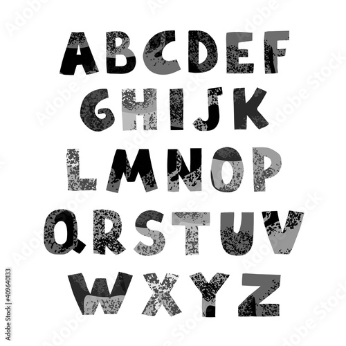Vector cute graphic gray alphabet for kids. Can be used as elemets for your design for greeting cards, nursery, poster, card, birthday party, packaging paper design, baby t-shirts prints