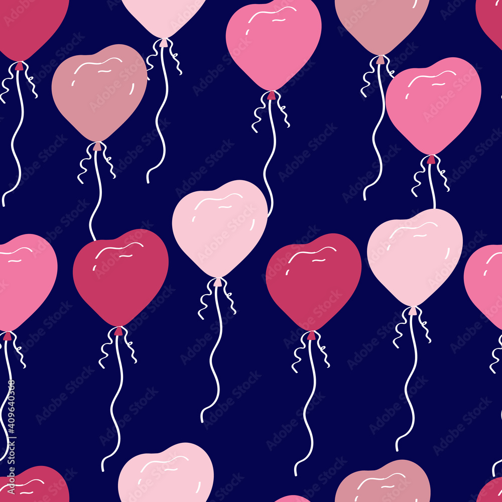 Valentine's Day doodle seamless pattern. Romantic hand-drawn blue background with pink balloons. Ideal for wrapping paper, textiles, wallpaper, wedding design. Vector illustration