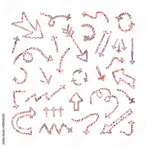 Vector colorful abstract set with illustrations of hand drawn arrows and direction pointers isolated on white background. Elemets for your design for card, poster, packaging paper, t-shirts print