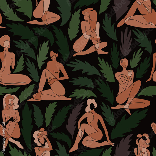 Vector seamless pattern with colorful illustration of silhouette women body and exotic leaves. For wallpaper, textile print, web page, wrapping paper, design of presentation and other graphic design