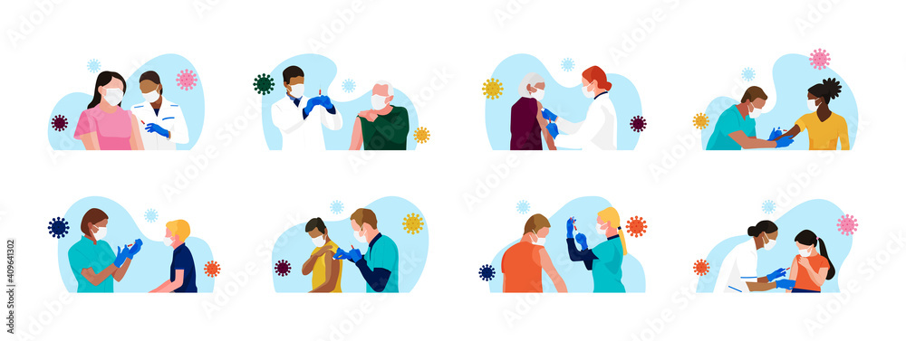 custom made wallpaper toronto digitalСovid-19 mass vaccination. Set of people of different age, race, gender receiving vaccine. Doctors and nurses with syringe in hand. Kids vaccination. Vector spot illustrations.