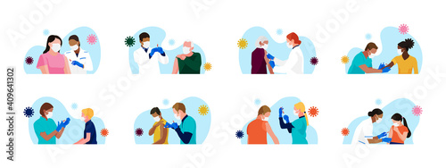 Сovid-19 mass vaccination. Set of people of different age, race, gender receiving vaccine. Doctors and nurses with syringe in hand. Kids vaccination. Vector spot illustrations. photo
