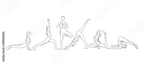 Yoga set with asanas. Set of woman exercising yoga illustrations. Hand drawn sketch vector illustration isolated on white background