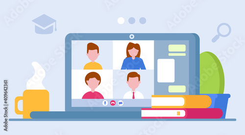 Illustration concept for videoconference and video tutorial. Online education. E-learning. Can be used on websites and mobile applications. Student in the learning process. Online work. Online courses