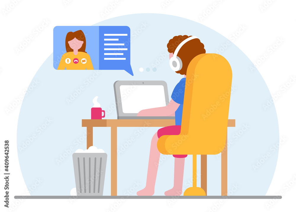 Online education concept. A student studying at a laptop at home during quarantine. Video tutorials and video conferencing concept. E-learning. Covid-19. Online work. Vector flat illustration.