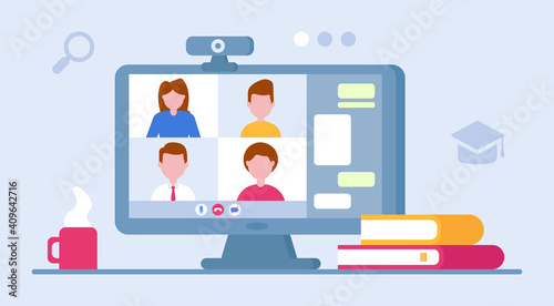 Landing page template. E-learning at home in quarantine. Online education. Videoconference and video tutorial on a computer with books. Online work. Web banner. Study during quarantine. Covid-19.