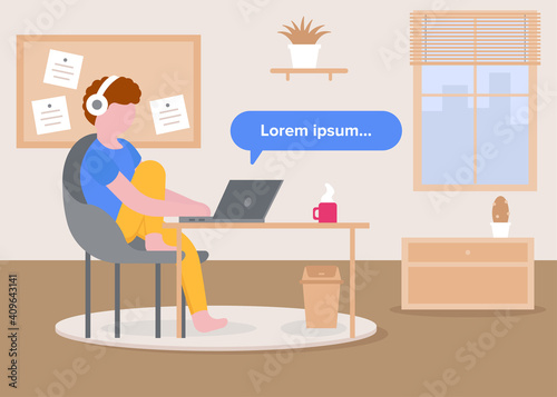 Vector concept of work at home. A freelance man relaxed working at a laptop with headphones. Remote work online at home in quarantine. Place where you can insert text. Detailed background. Flat style.